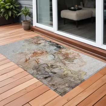 2' X 3' Beige Abstract Washable Non Skid Indoor Outdoor Area Rug