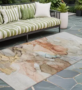 8' Runner Beige Abstract Washable Non Skid Indoor Outdoor Runner Rug