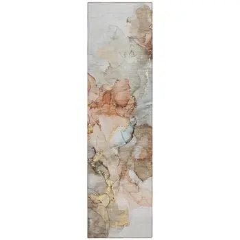 8' Runner Beige Abstract Washable Non Skid Indoor Outdoor Runner Rug