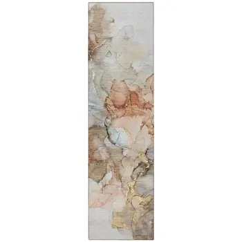 8' Runner Beige Abstract Washable Non Skid Indoor Outdoor Runner Rug