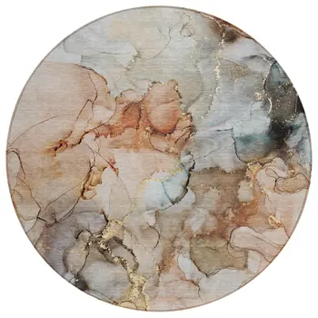 8' Round Beige Round Abstract Washable Non Skid Indoor Outdoor Area Rug