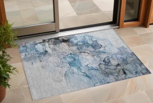 2' X 3' Blue and Gray Abstract Washable Non Skid Indoor Outdoor Area Rug