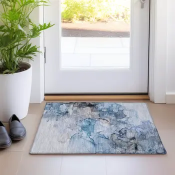 2' X 3' Blue and Gray Abstract Washable Non Skid Indoor Outdoor Area Rug