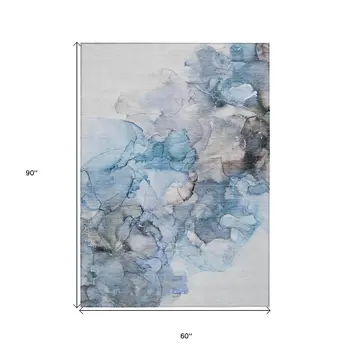 5' X 8' Blue and Gray Abstract Washable Non Skid Indoor Outdoor Area Rug