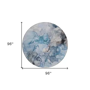 8' Round Blue and Gray Round Abstract Washable Non Skid Indoor Outdoor Area Rug