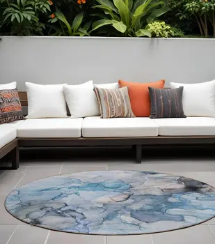 8' Round Blue and Gray Round Abstract Washable Non Skid Indoor Outdoor Area Rug