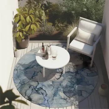 8' Round Blue and Gray Round Abstract Washable Non Skid Indoor Outdoor Area Rug