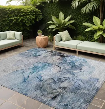 9' X 12' Blue and Gray Abstract Washable Non Skid Indoor Outdoor Area Rug