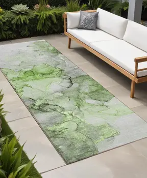 8' Runner Green Abstract Washable Non Skid Indoor Outdoor Runner Rug