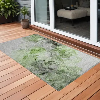 3' X 5' Green Abstract Washable Non Skid Indoor Outdoor Area Rug