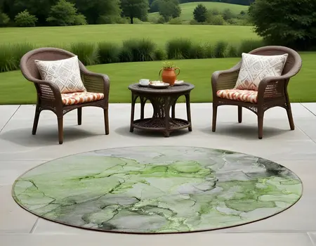 8' Round Green Round Abstract Washable Non Skid Indoor Outdoor Area Rug