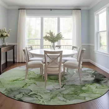 8' Round Green Round Abstract Washable Non Skid Indoor Outdoor Area Rug