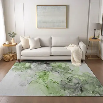 10' X 14' Green Abstract Washable Non Skid Indoor Outdoor Area Rug