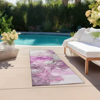 8' Runner Gray and Purple Abstract Washable Non Skid Indoor Outdoor Runner Rug