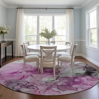 8' Round Gray and Purple Round Abstract Washable Non Skid Indoor Outdoor Area Rug