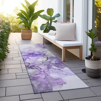 8' Runner Purple Abstract Washable Non Skid Indoor Outdoor Runner Rug