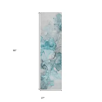 8' Runner Teal Abstract Washable Non Skid Indoor Outdoor Runner Rug