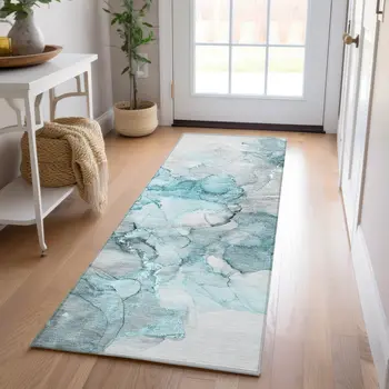 8' Runner Teal Abstract Washable Non Skid Indoor Outdoor Runner Rug