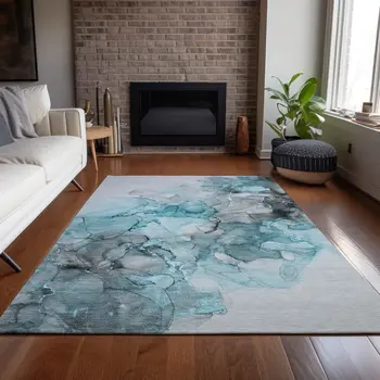 3' X 5' Teal Abstract Washable Non Skid Indoor Outdoor Area Rug