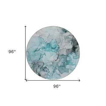 8' Round Teal Round Abstract Washable Non Skid Indoor Outdoor Area Rug