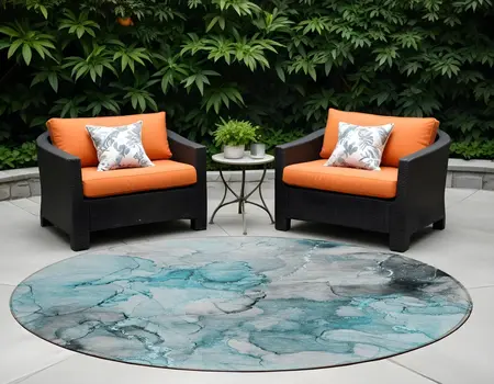8' Round Teal Round Abstract Washable Non Skid Indoor Outdoor Area Rug