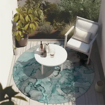 8' Round Teal Round Abstract Washable Non Skid Indoor Outdoor Area Rug