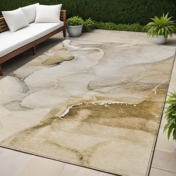 5' X 8' Beige and Brown Abstract Washable Indoor Outdoor Area Rug