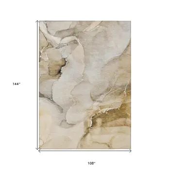 9' X 12' Beige and Brown Abstract Washable Indoor Outdoor Area Rug