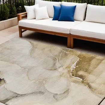 10' X 14' Beige and Brown Abstract Washable Indoor Outdoor Area Rug