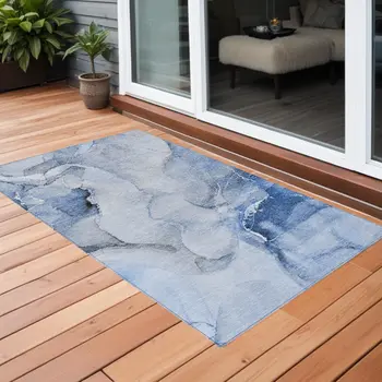 3' X 5' Blue and Gray Abstract Washable Non Skid Indoor Outdoor Area Rug