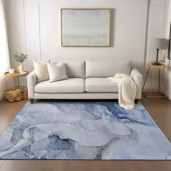5' X 8' Blue and Gray Abstract Washable Non Skid Indoor Outdoor Area Rug