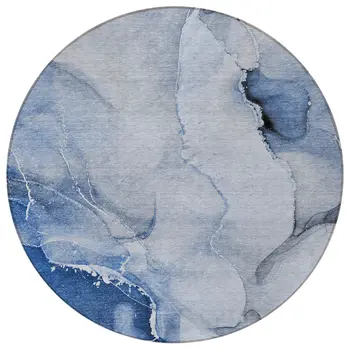 8' Round Blue and Gray Round Abstract Washable Non Skid Indoor Outdoor Area Rug