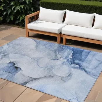 8' X 10' Blue and Gray Abstract Washable Non Skid Indoor Outdoor Area Rug
