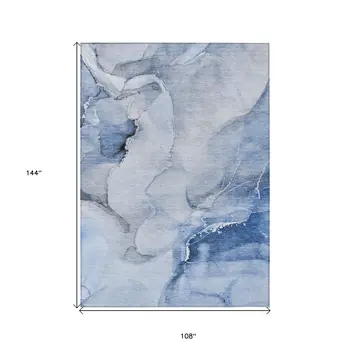 9' X 12' Blue and Gray Abstract Washable Non Skid Indoor Outdoor Area Rug