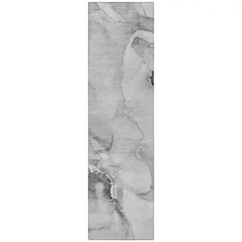 8' Runner Gray and Ivory Abstract Washable Non Skid Indoor Outdoor Runner Rug