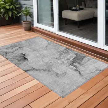 3' X 5' Gray and Ivory Abstract Washable Non Skid Indoor Outdoor Area Rug