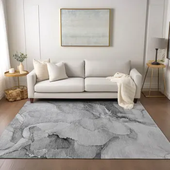 3' X 5' Gray and Ivory Abstract Washable Non Skid Indoor Outdoor Area Rug