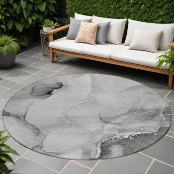 8' Round Gray and Ivory Round Abstract Washable Non Skid Indoor Outdoor Area Rug