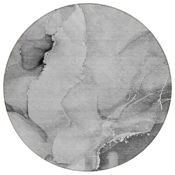 8' Round Gray and Ivory Round Abstract Washable Non Skid Indoor Outdoor Area Rug