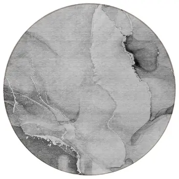 8' Round Gray and Ivory Round Abstract Washable Non Skid Indoor Outdoor Area Rug