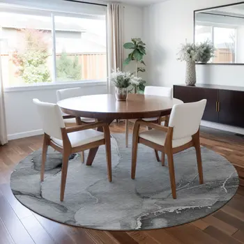 8' Round Gray and Ivory Round Abstract Washable Non Skid Indoor Outdoor Area Rug