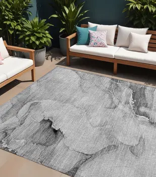 9' X 12' Gray and Ivory Abstract Washable Non Skid Indoor Outdoor Area Rug