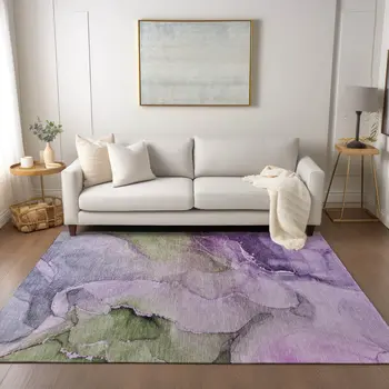 5' X 8' Purple and Green Abstract Washable Indoor Outdoor Area Rug