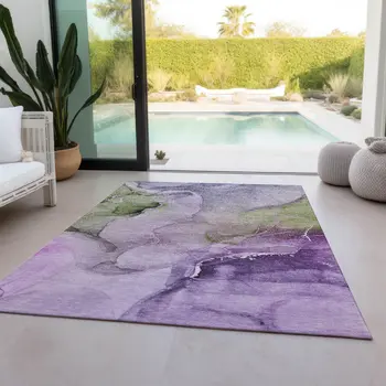 5' X 8' Purple and Green Abstract Washable Indoor Outdoor Area Rug