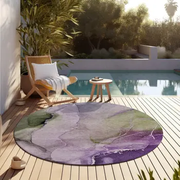 8' Round Purple Round Abstract Washable Non Skid Indoor Outdoor Area Rug