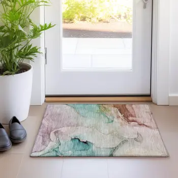 2' X 3' Teal Abstract Washable Non Skid Indoor Outdoor Area Rug