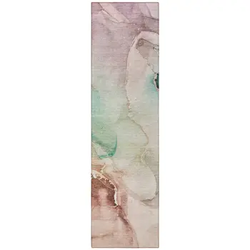8' Runner Teal Abstract Washable Non Skid Indoor Outdoor Runner Rug