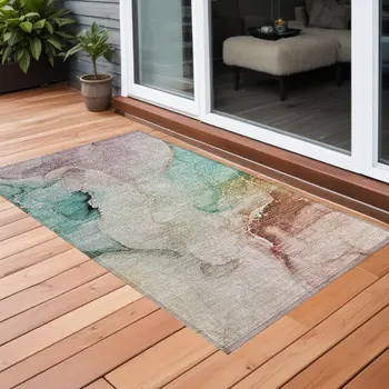3' X 5' Teal Abstract Washable Non Skid Indoor Outdoor Area Rug