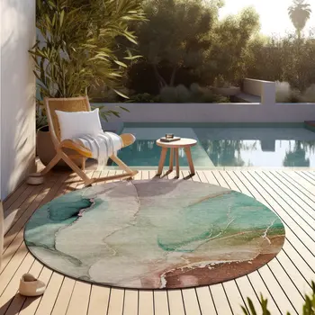 8' Round Teal Round Abstract Washable Non Skid Indoor Outdoor Area Rug