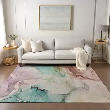 9' X 12' Teal Abstract Washable Non Skid Indoor Outdoor Area Rug